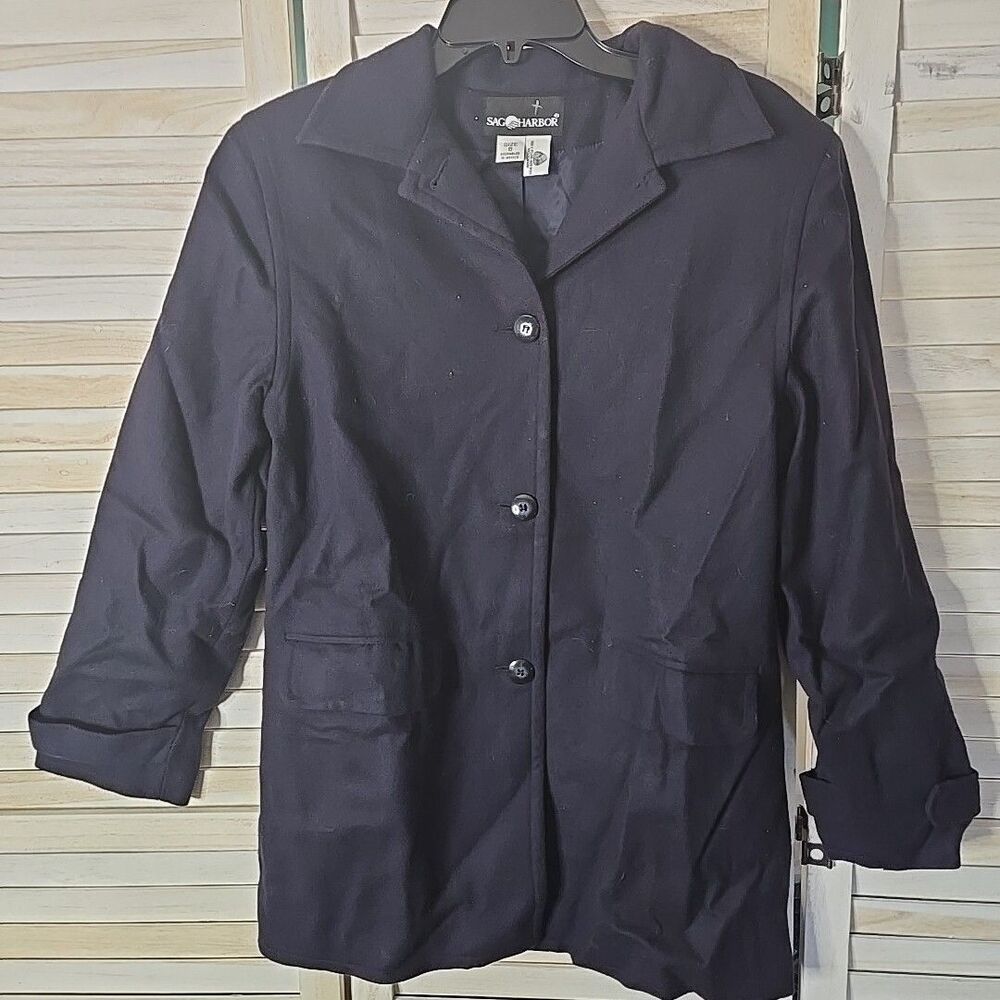 Sag Harbor Womens 100% Wool Jacket Size 8 Blue Preppy Dark Academia Vintage Coat